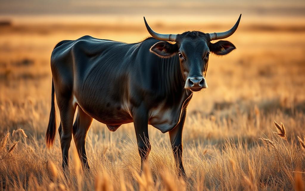 An Nguni cow standing in golden grassland at dawn