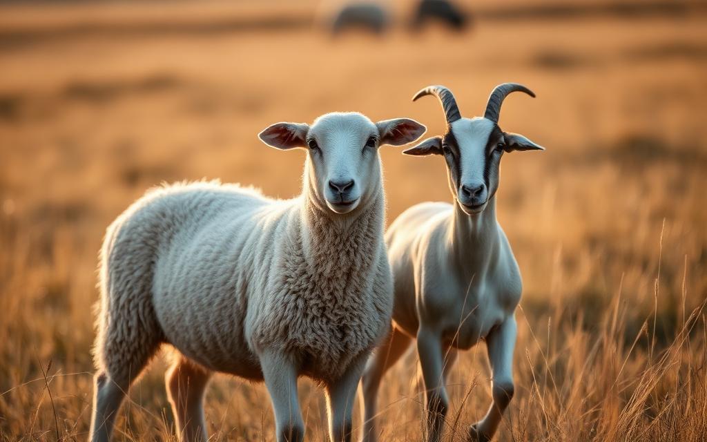 A sheep and a goat standing in golden grassland at dawn