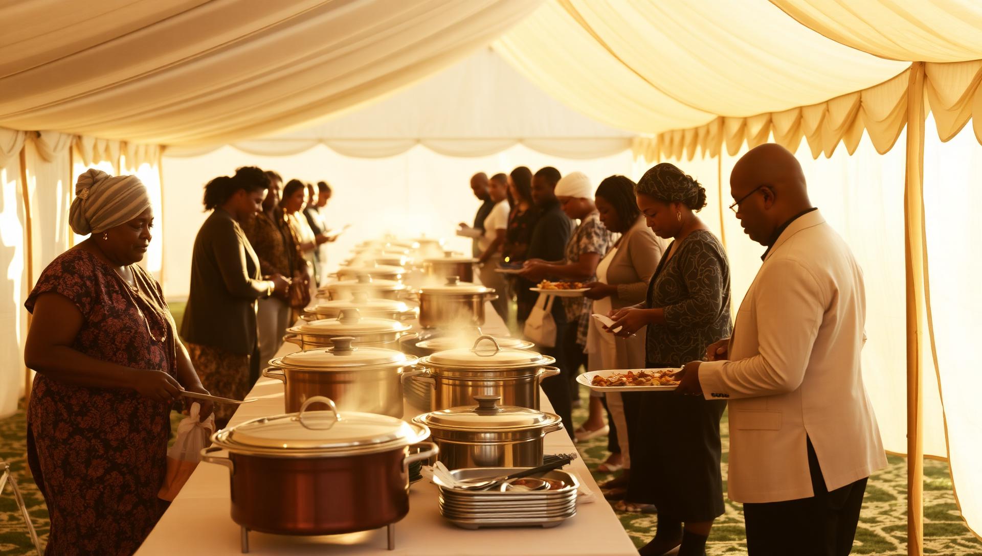 Family and community members being served catered food under a marquee at a tombstone gathering