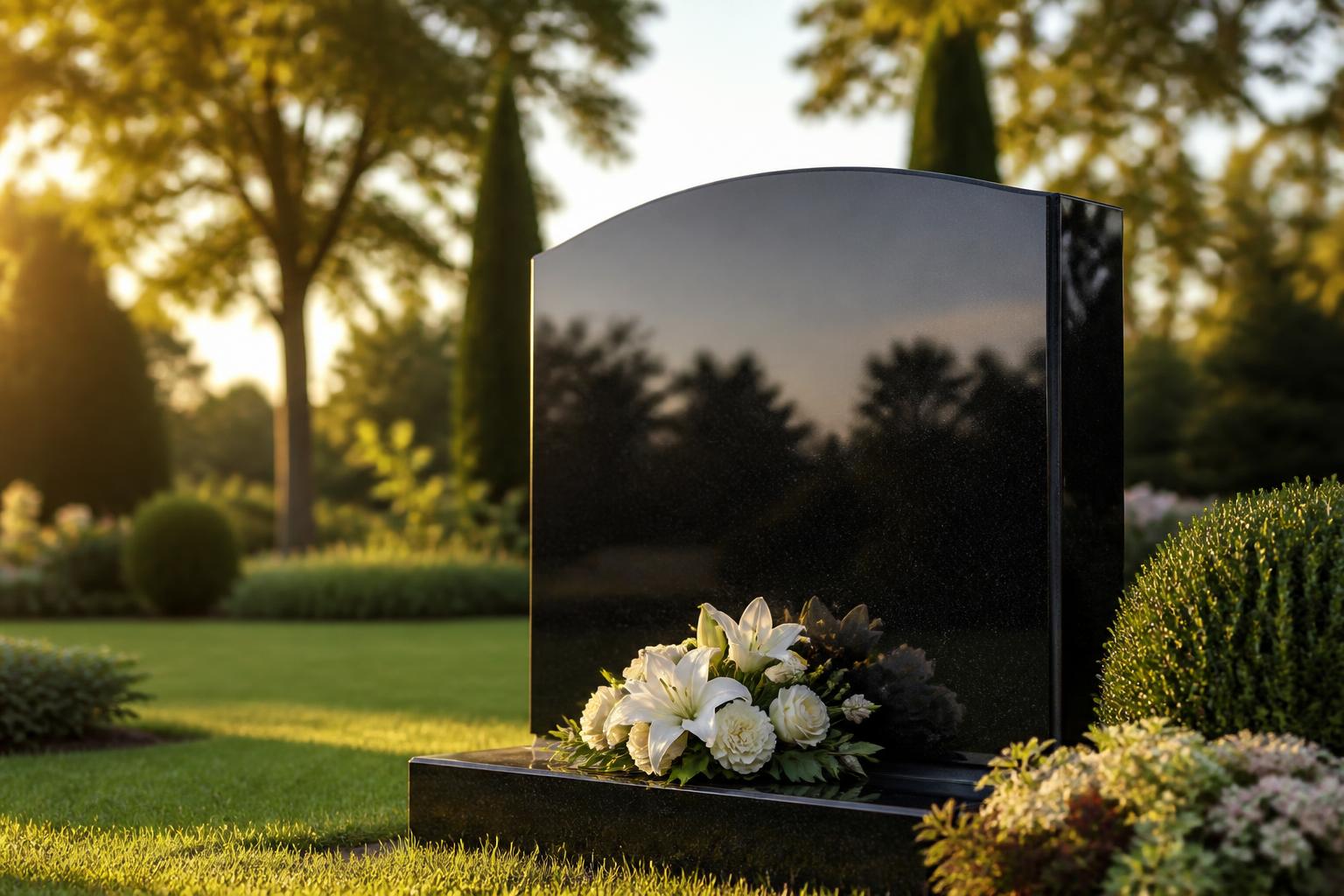 A polished granite tombstone cared for in a cemetery garden